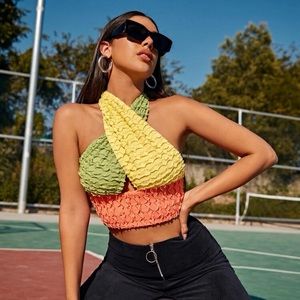 Open Back Textured Colorblock Halter Top